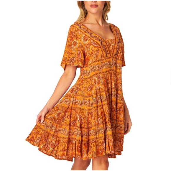 Bila Floral Paisley Short‎ Tiered Dress Women's XS Boho Relaxed Fit Marigold NEW - Picture 2 of 10